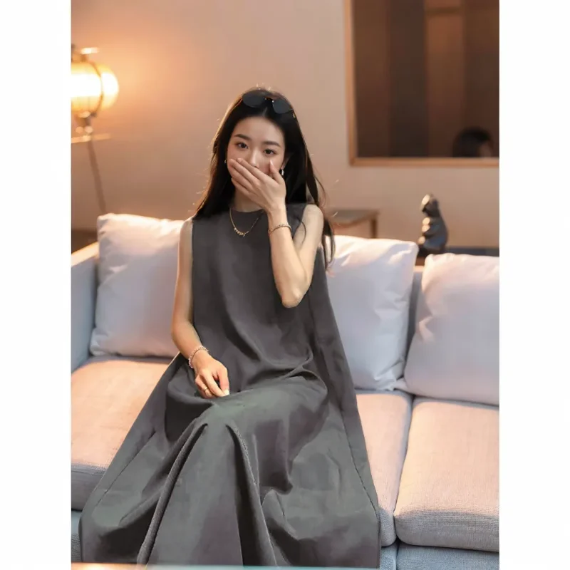 

Women's Dark Green Sleeveless Loose Maxi Casual Oversized Long Dress Minimalist Daily Wear Dress