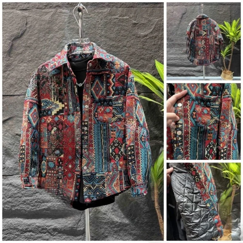 

Известный стиль, жаккардовая повседневная рубашка с лацканами, мужская осенняя новая универсальная свободная теплая хлопковая куртка «ласточкин хвост»