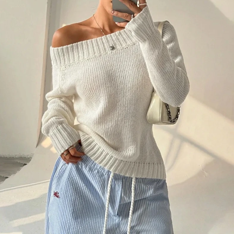 

Simple Solid Color Pullover for Women, Off-Shoulder Loose Knitted Sweater, One-Length Casual Top, Cozy Autumn Winter Wear
