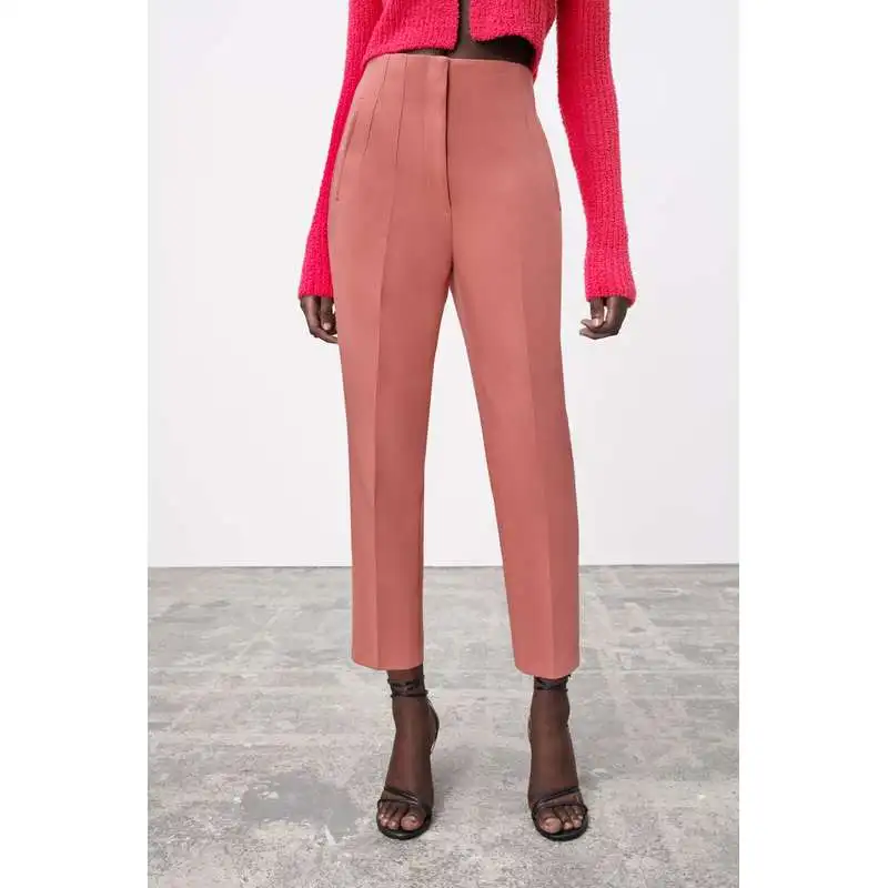 Pantalones adelgazantes plisados hasta el tobillo informales de cintura alta para mujer, pantalones de pierna recta para ir al trabajo, fibra de poliéster 00%