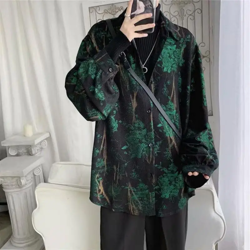 Korean Fashion Long Sleeve Men Streetwear All-match Handsome Stylish Teens Shirt Spring Retro Temperament Hawaiian Men\'s Shirts