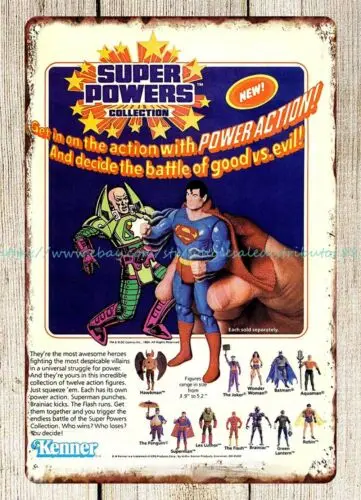 1 peça decoração country 1980s super poderes figuras de ação brinquedos kenner sinal de lata de metal