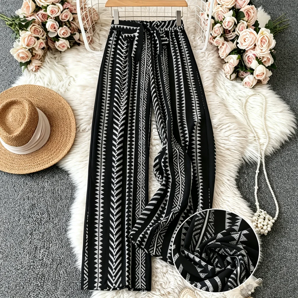 Ethnic Tribal Print High Waist Wide Leg Pants Women Elastic Waist Loose Beach Trousers
