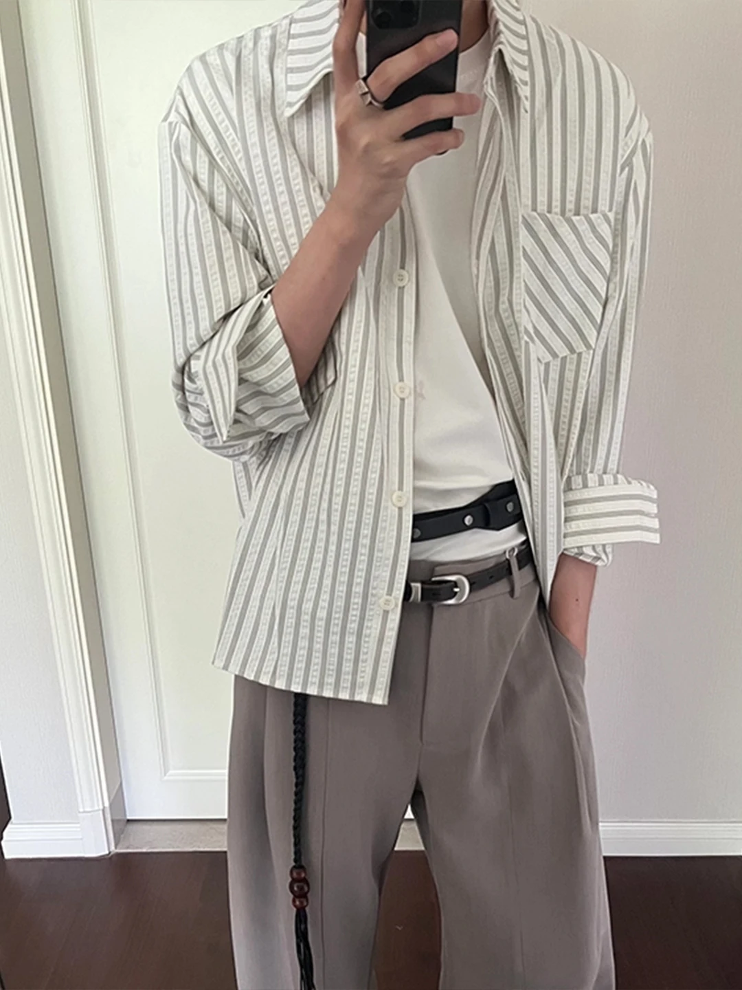 

American Sle Long Sve Bubble irt Men's Spring Summer High nce Stripe Loose Casual irt Couple's Outerwear