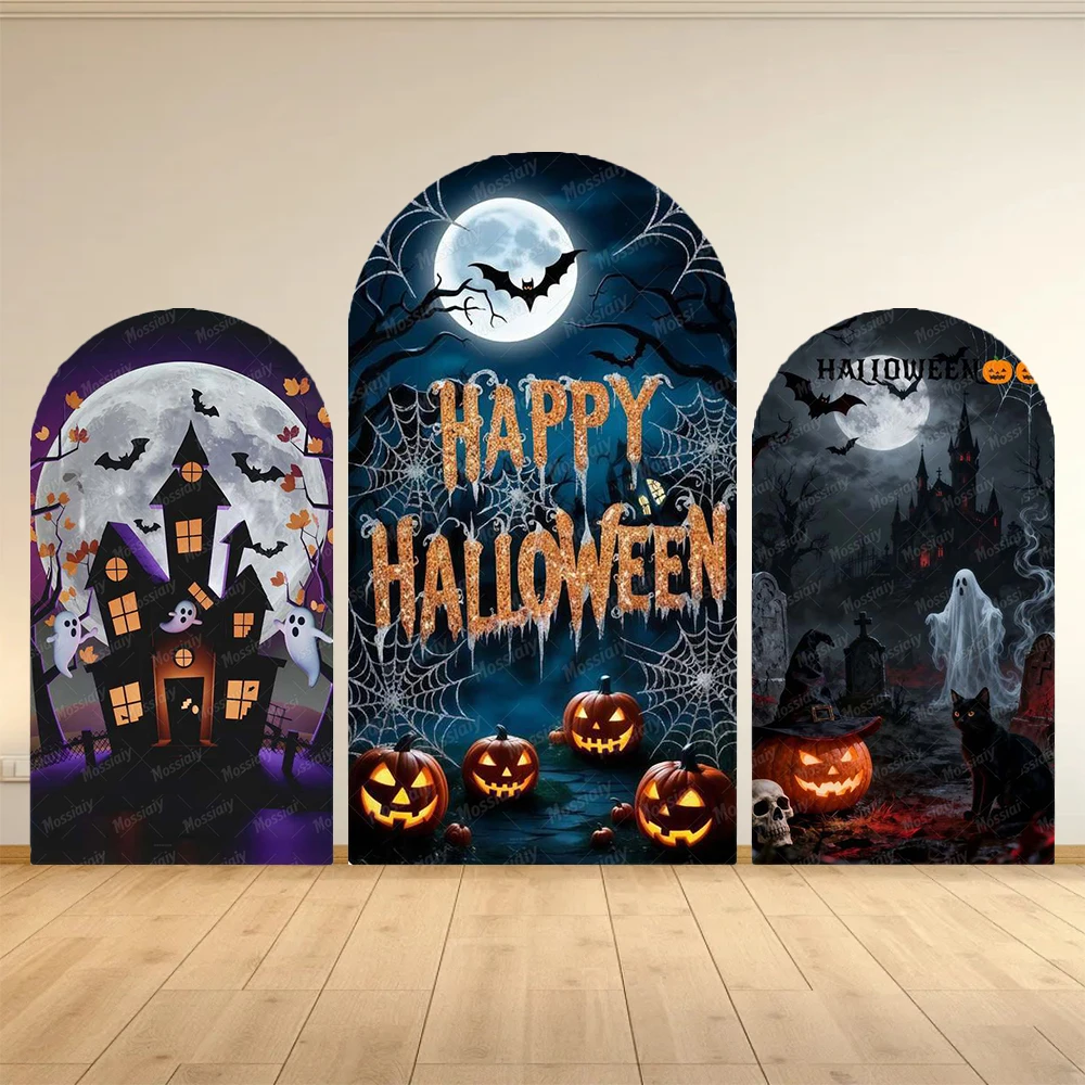 Halloween-Thema Horror-Schloss-Bogen-Hintergrund-Abdeckung Kinderparty-Dekoration Hintergrund Fotografie Gruseliger Totenkopf Kürbis Foto-Requisiten