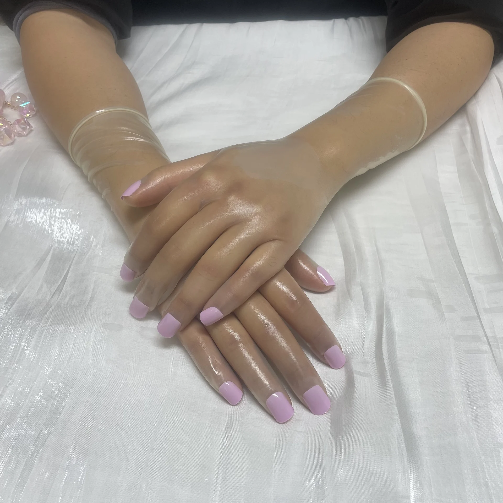 Crossdress Male To Female Oil Shiny Transparent Super Thin Latex Zentai Long Red Flat Nails Fetish Sheer Cosplay Kigurumi Gloves