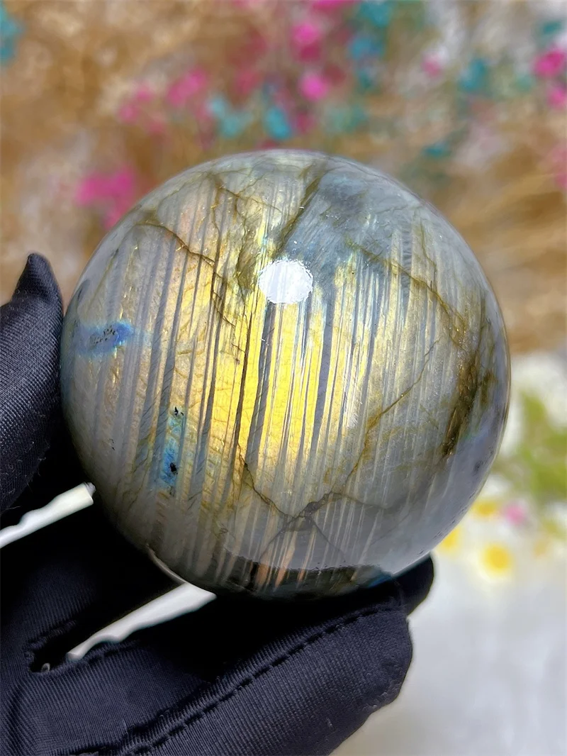 Natura Crystal Yellow Labradorite SPhere With Rain Bow Free Form  Carving Reiki Healing Stone Home Decoration Exquisite Gift