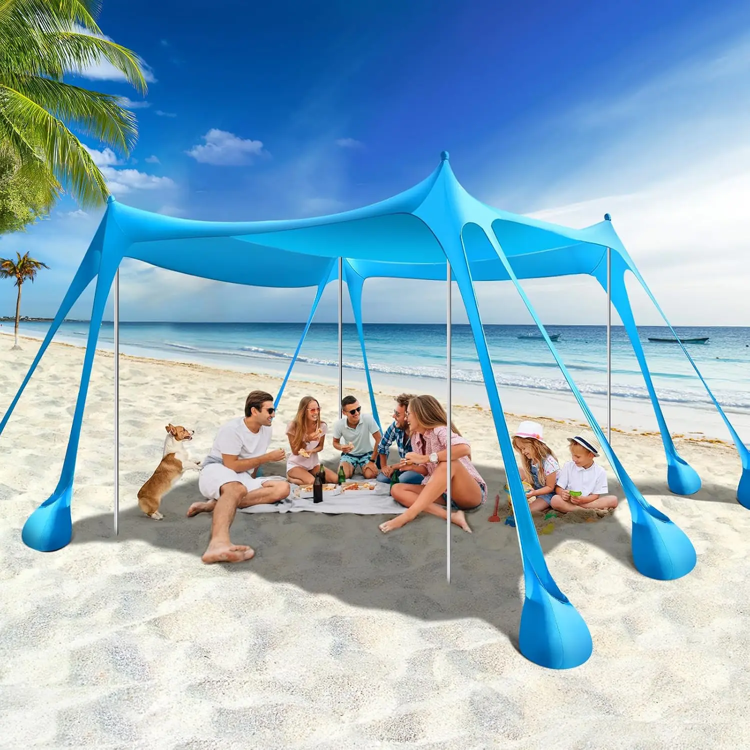10 x 10 FT Beach Tent UPF50+ with 8 Sandbags 4 Poles, Sky Blue | Beach Canopy UPF50+ Protection Outdoor Beach Tent Sun Shelter Umbrella for Sand,Camping,Fishing Essentials