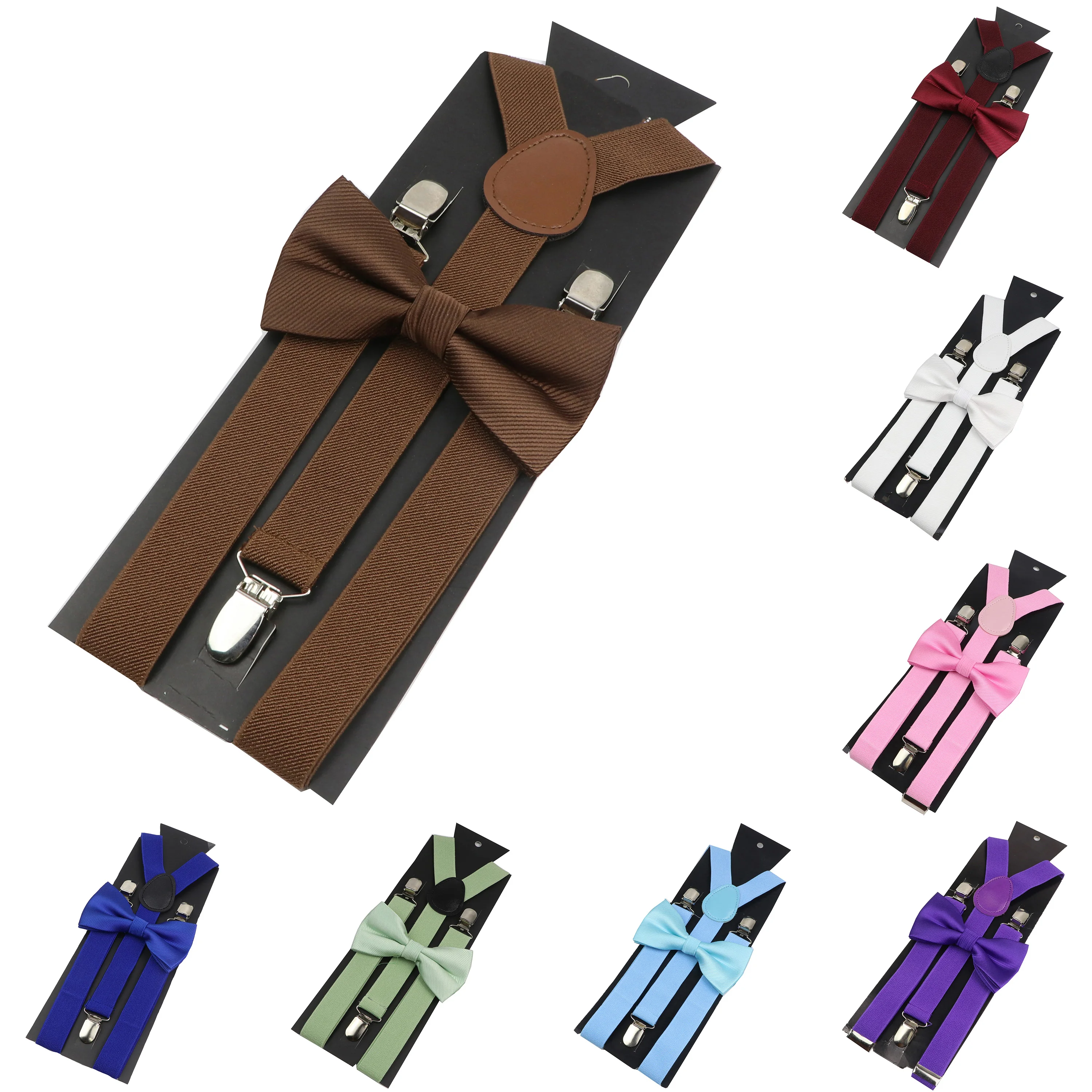 

Elastic Leather Suspenders Bowtie Set Braces Men Women Brown Adjustable Braces Straps For Wedding Y-Back Shirt Accessories