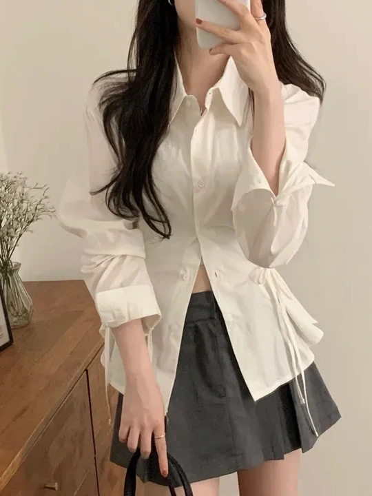 

Faionable Slimming Chic Irt с поясом, корейский женский топ с отложным воротником Long Sve, белый игла Sli, с завязкой на талии