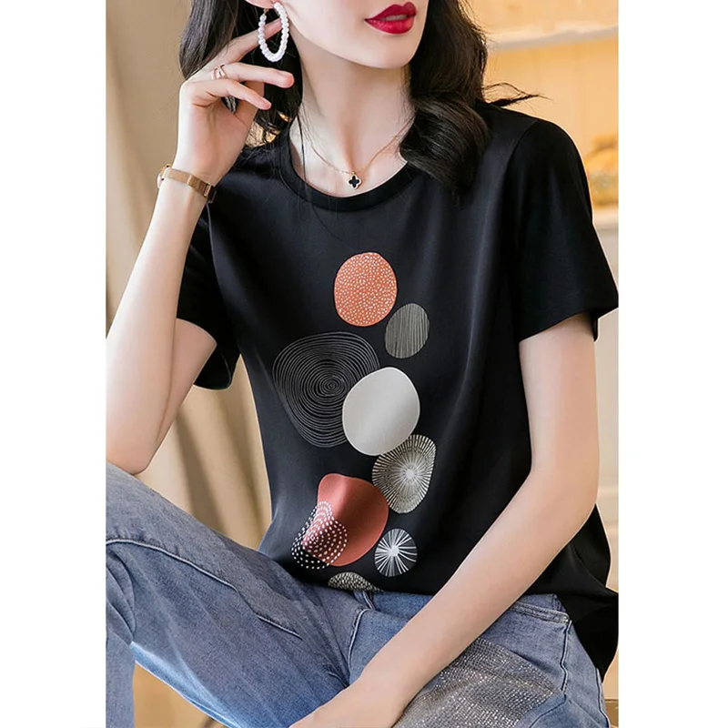 

Футболка из чистого хлопка с коротким рукавом, повседневный топ из шифона с принтом, брендовый, европейский стиль, для отдыха, с круглым вырезом, пуловер, корейская версия