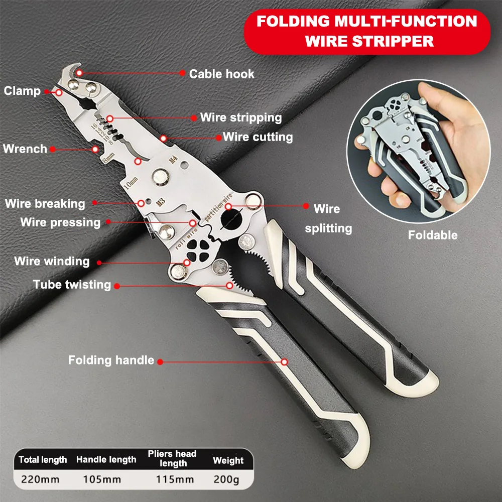 18 In 1 Foldable Wire Stripping Pliers Crimper Cable Cutter Crimping Pliers Terminal Hand Tool Maintenance Anti-Slip Stripper