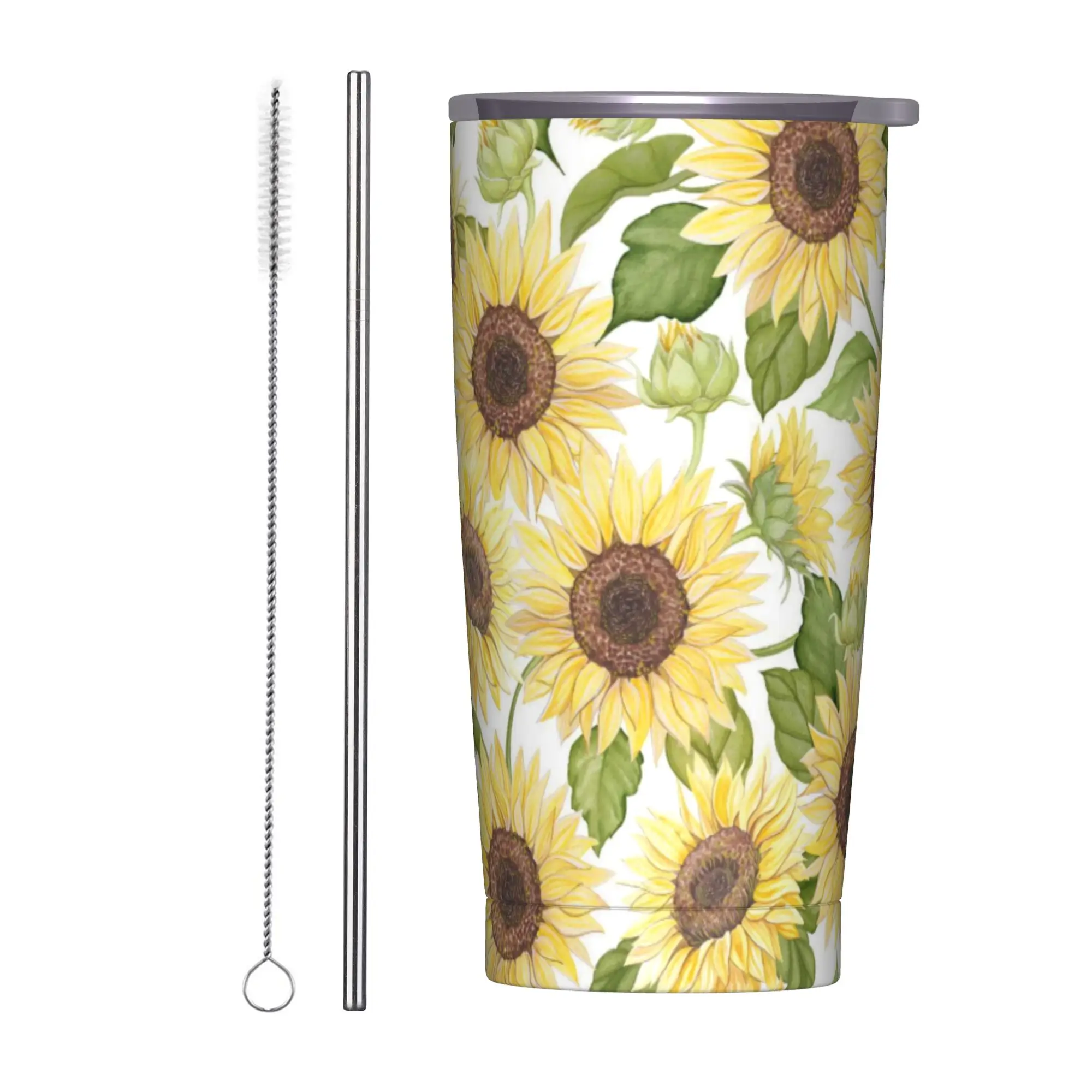 Stainless Steel Tumbler Rural flowers Car Mugs With Straws sunflower Driving Cold Drink Water Bottle Keep Heat Thermal Mug,