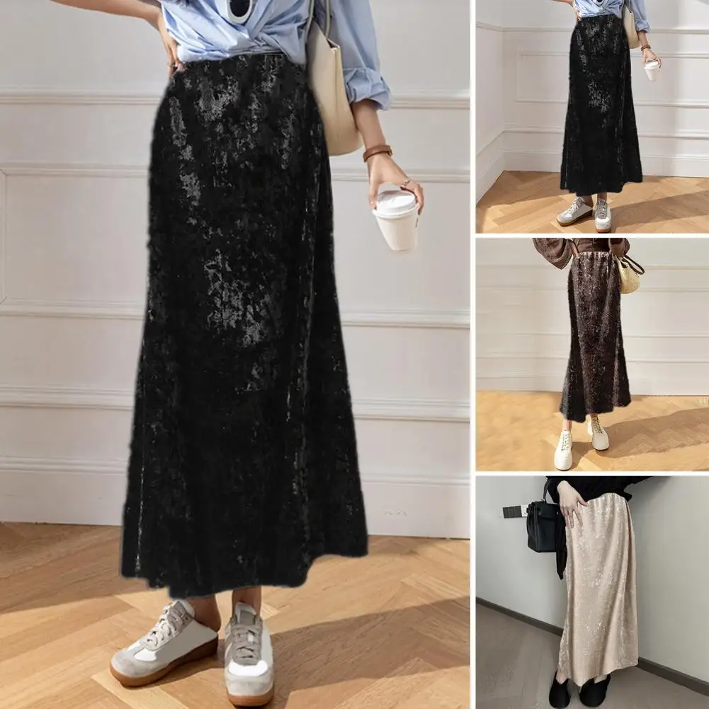 Women Fishtail Skirt Elastic High Waist A-Line Mid-calf Length Skirt Solid Color Velvet Large Hem Skirt Daily Wear 여성스커트