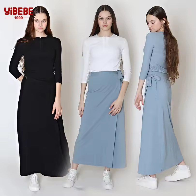 שמלה נשים XS-XXXL להגדיר חצי zip העליון האביב כותנה בלע חולצת טריקו מקסי שמלה modlin רצועה modyon חצאית מיני 2 חלקים
