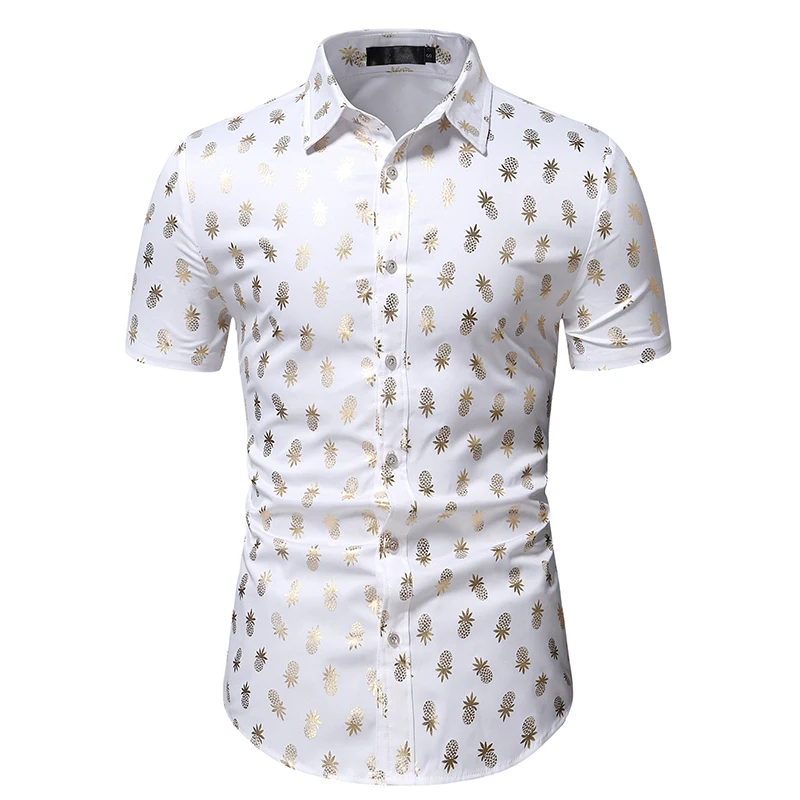 

White Pineapple Bronzing Print Shirt Men Camisa Masculina 2022 Brand Short Sleeve Mens Dress Shirts Party Stage Prom Clothing