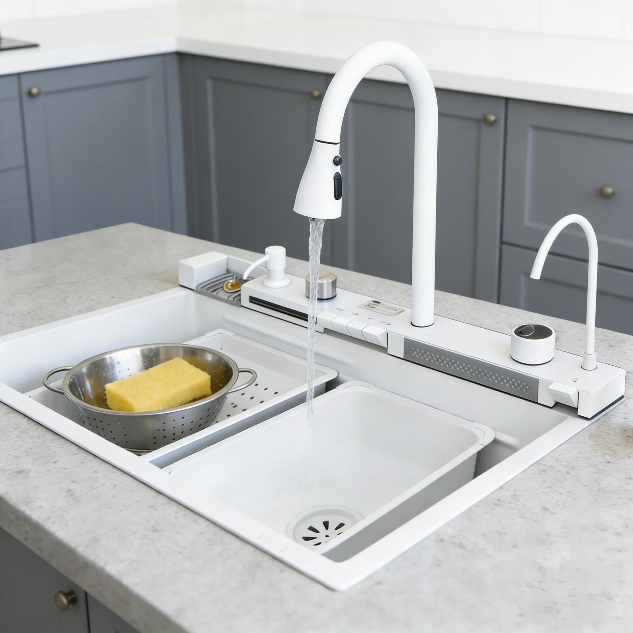 Modern Digital Display Waterfall Smart Single Rectangular Stainless Steel Above Counter One Counter Kitchen Faucet Brushed