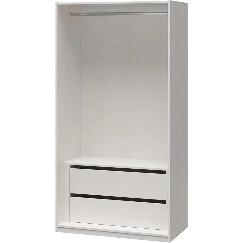 Double Wide Open Wardrobe with 2 Wide Drawers and Wide Hanging Rod, Ivory Oak