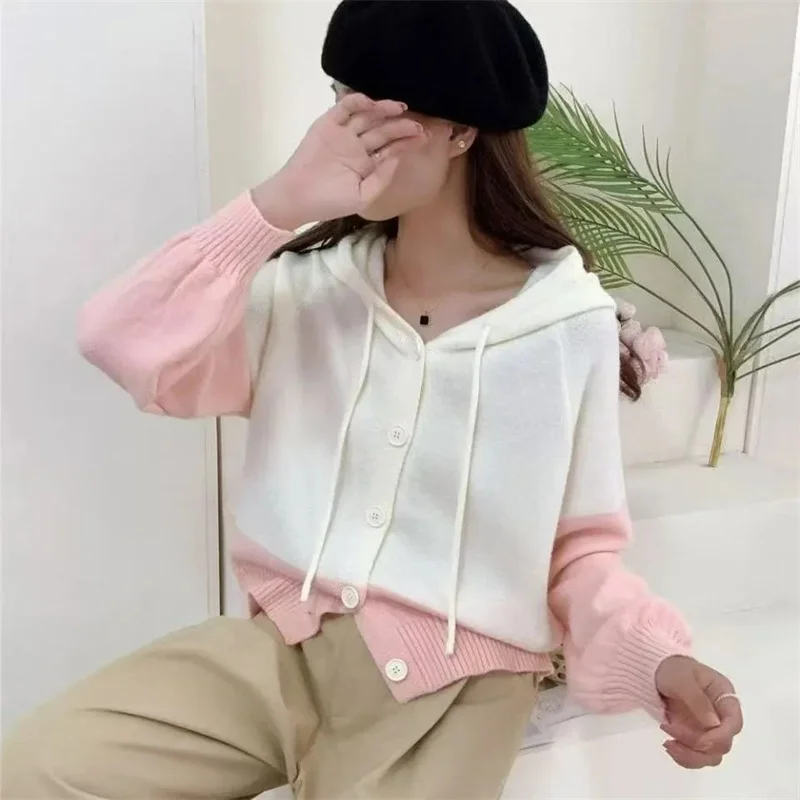 سترة نسائية محبوكة فضفاضة بقلنسوة على الموضة لعام 2025 سترة نسائية متدرجة منسوجة للربيع والخريف سترة نسائية بأكمام طويلة #6