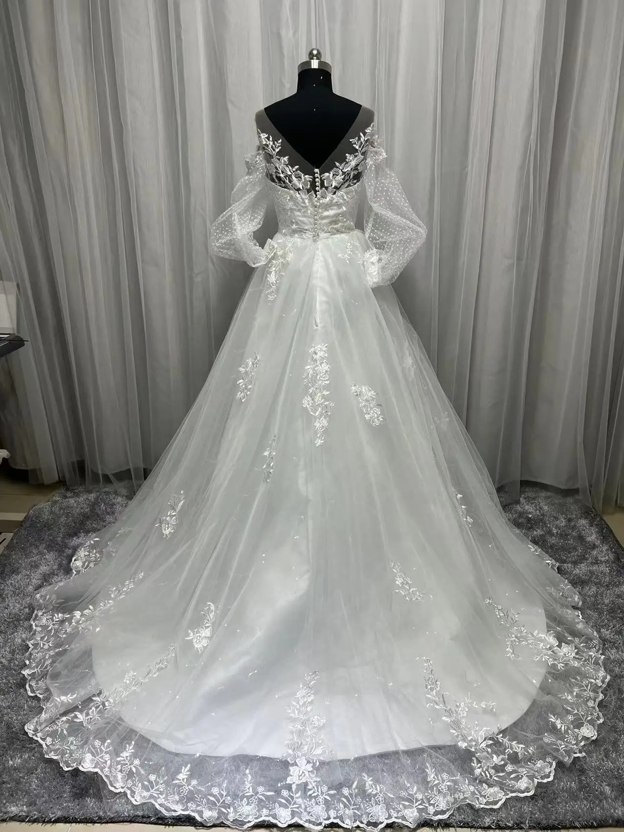 Gaun Pernikahan Applique Renda Foto Asli Gaun Pengantin Vestidos De Novia Lengan Puff Panjang 2022 V-Neck Gaun Pengantin Pantai Ukuran Plus