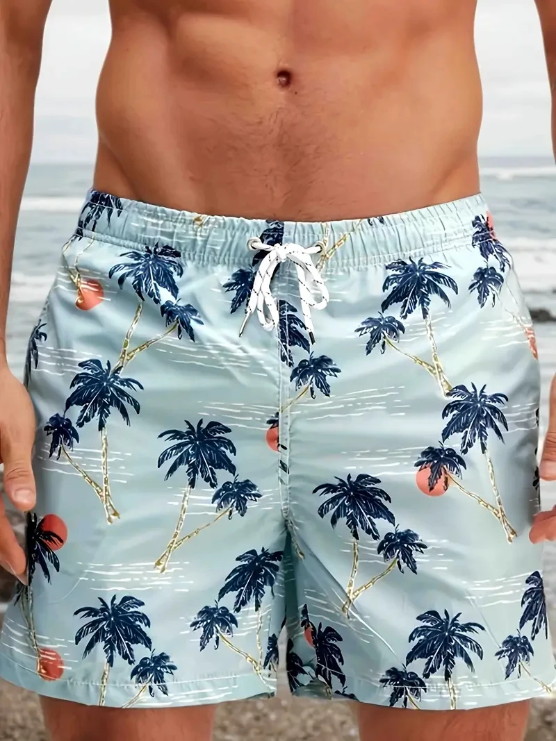 Trendy Palm Tree Pattern Beach Shorts For Men Fashion Summer Holiday Vacation 3D Printed Short Pant Casual Oversized Swim Trunks