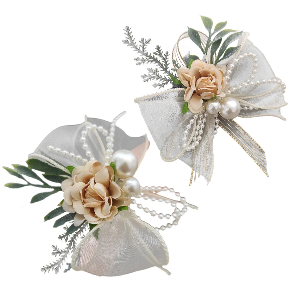 ชุดดอกไม้ประดับข้อมือและดอกไม้ติดอกสำหรับงานแต่งงาน 2 ชิ้น ดีไซน์หรูหรา ทำจากผ้าประดับมุก เหมาะสำหรับเจ้าสาว เพื่อนเจ้าสาว สไตล์เรียบง่าย โบฮีเมียน และงานพรอม