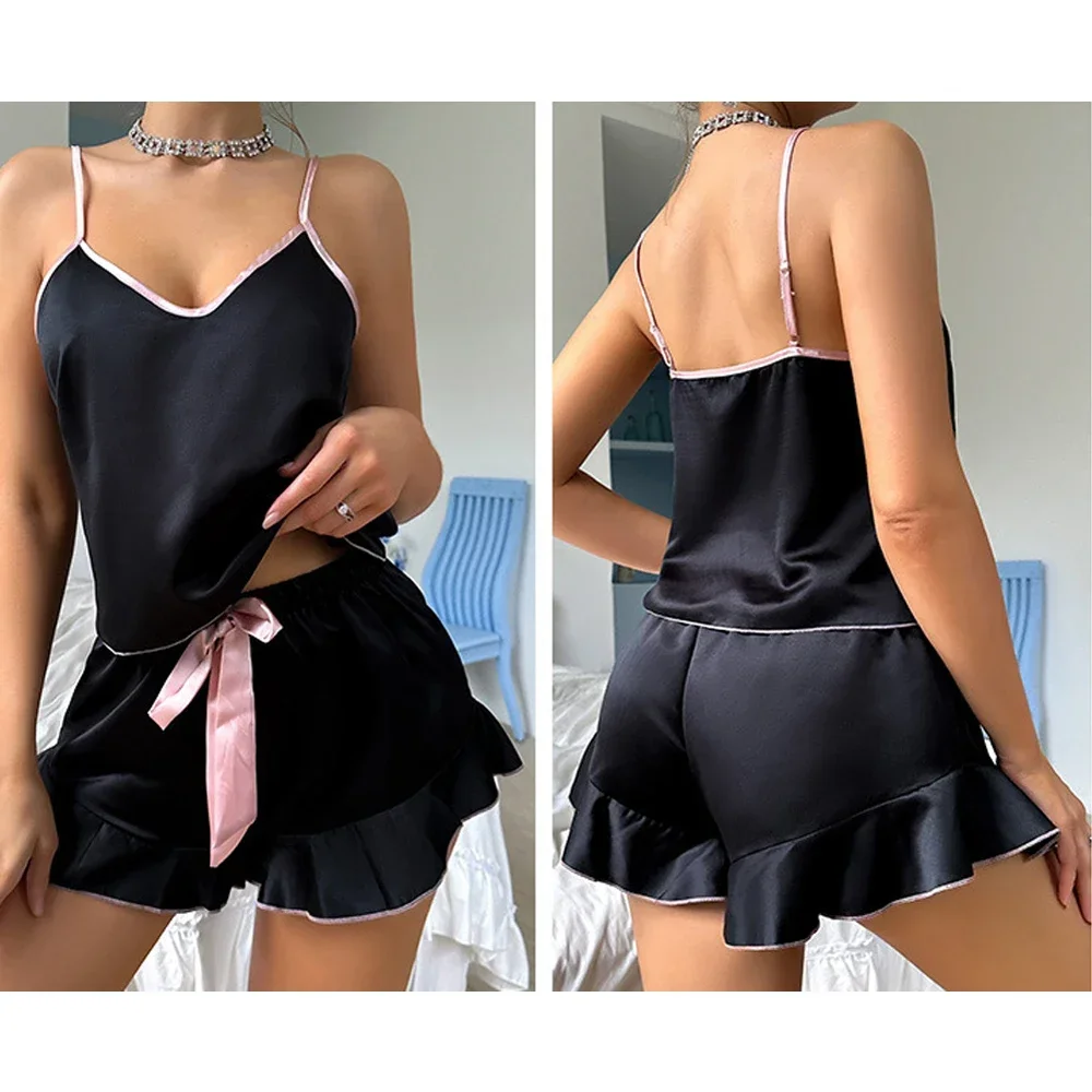 Pijama de cetim liso feminino, camiseta com decote em v, bordas com babados e shorts, conjunto de pijama simples e respirável, 2 peças