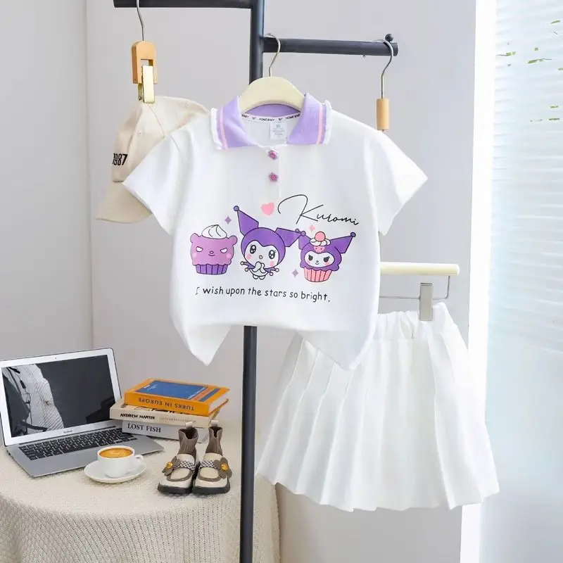 Sanrios My Melody Girls Jk Preppy Style Set Cinnamoroll Kuromi Kids Short Sleeve Pleated Skirt Two-Piece Summer Kids Clothes New