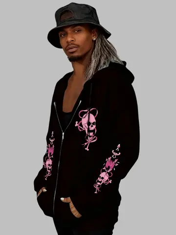 New hooded zip-up Men Winter 100%Cotton skull print woman Vintage fleece sweatshirt Casual fall clothes y2k oversized hoodie