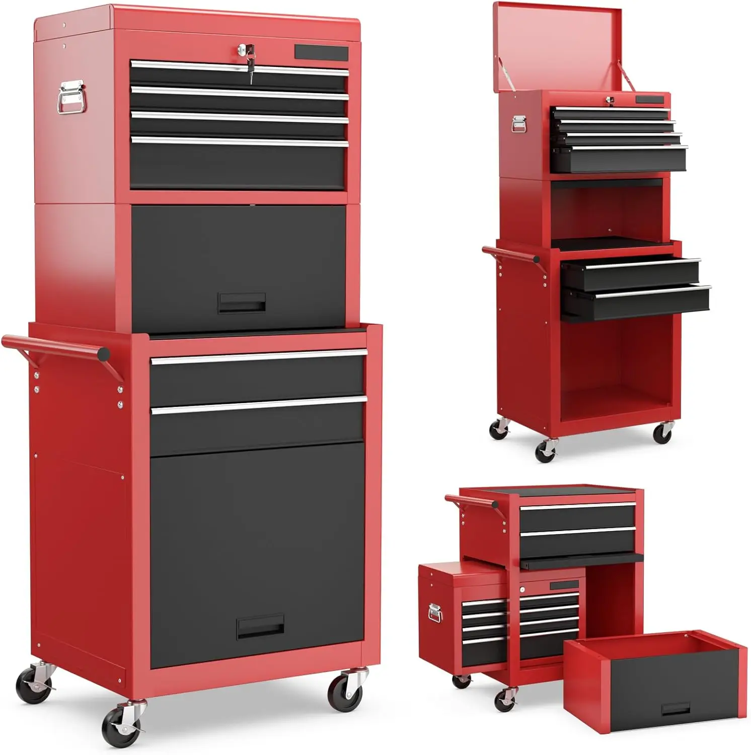 6-Drawer Rolling Tool Chest 3-in-1 Tool Box Organizer w/Auto Locking System & Lockable Wheels & Sliding Drawers Red + Black