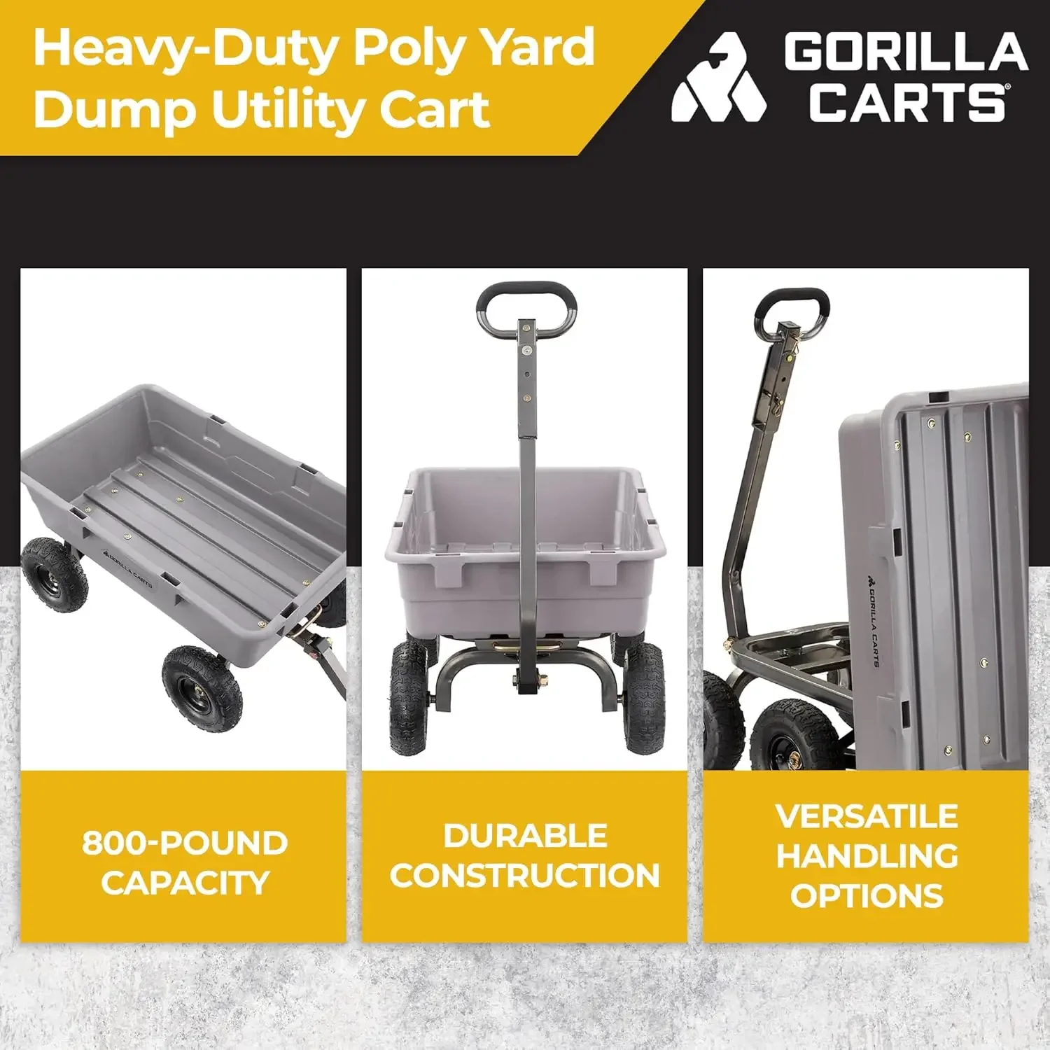 800 Pound Capacity Heavy Duty Poly Yard Garden Steel Dump Utility Wheelbarrow Wagon Cart with 2-in-1 Towing ATV Handle, Gray