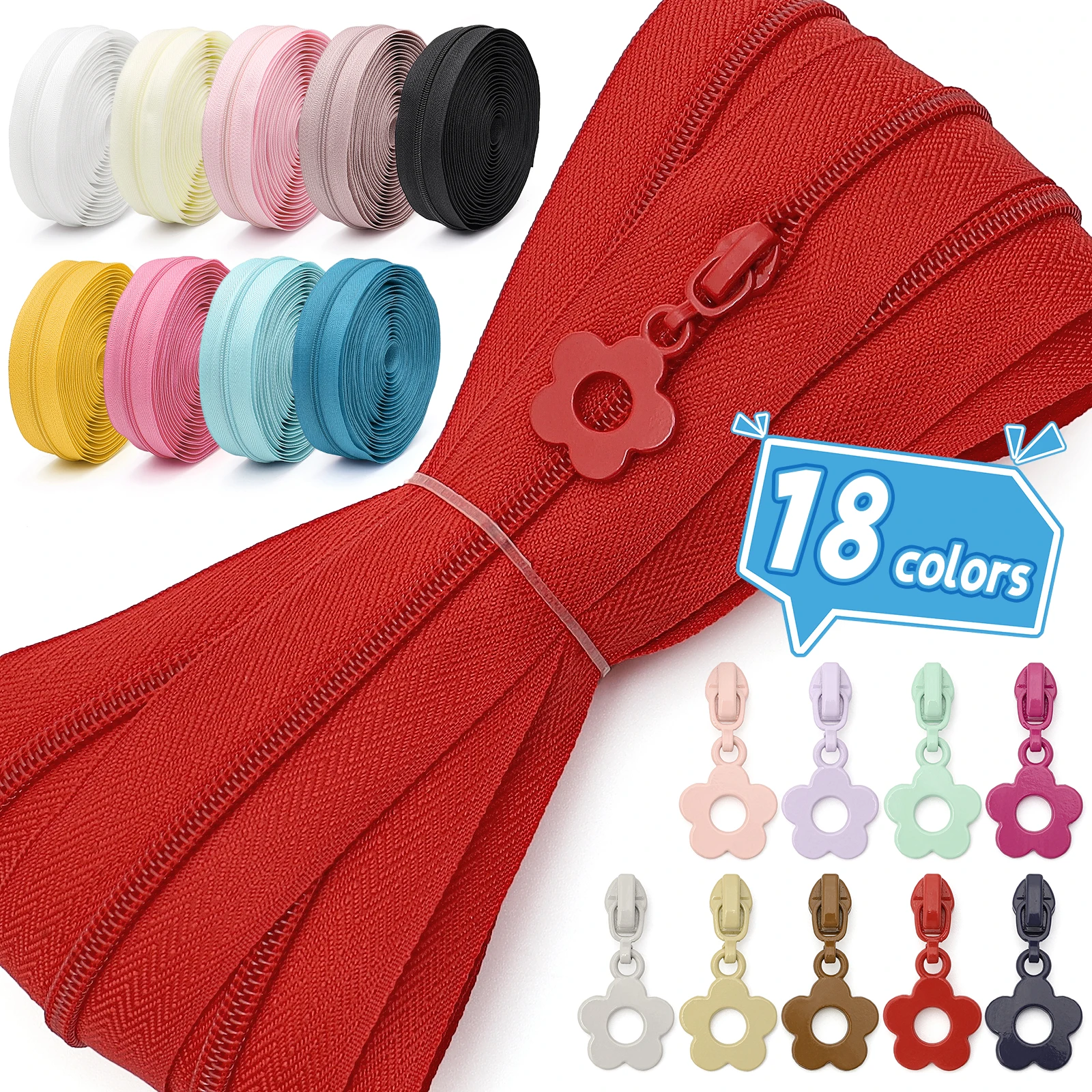 1 Set = 450cm /5 Yards of Zipper + 10 Zipper Pulls, 3 # Colorful Nylon Zippers, with Matching Flower Zipper Pulls, Available in 18 Colors, Suitable for Sewing on Clothing, Duvet Covers, Bags, Pockets, Suitcases, DIY Crafts, Etc.