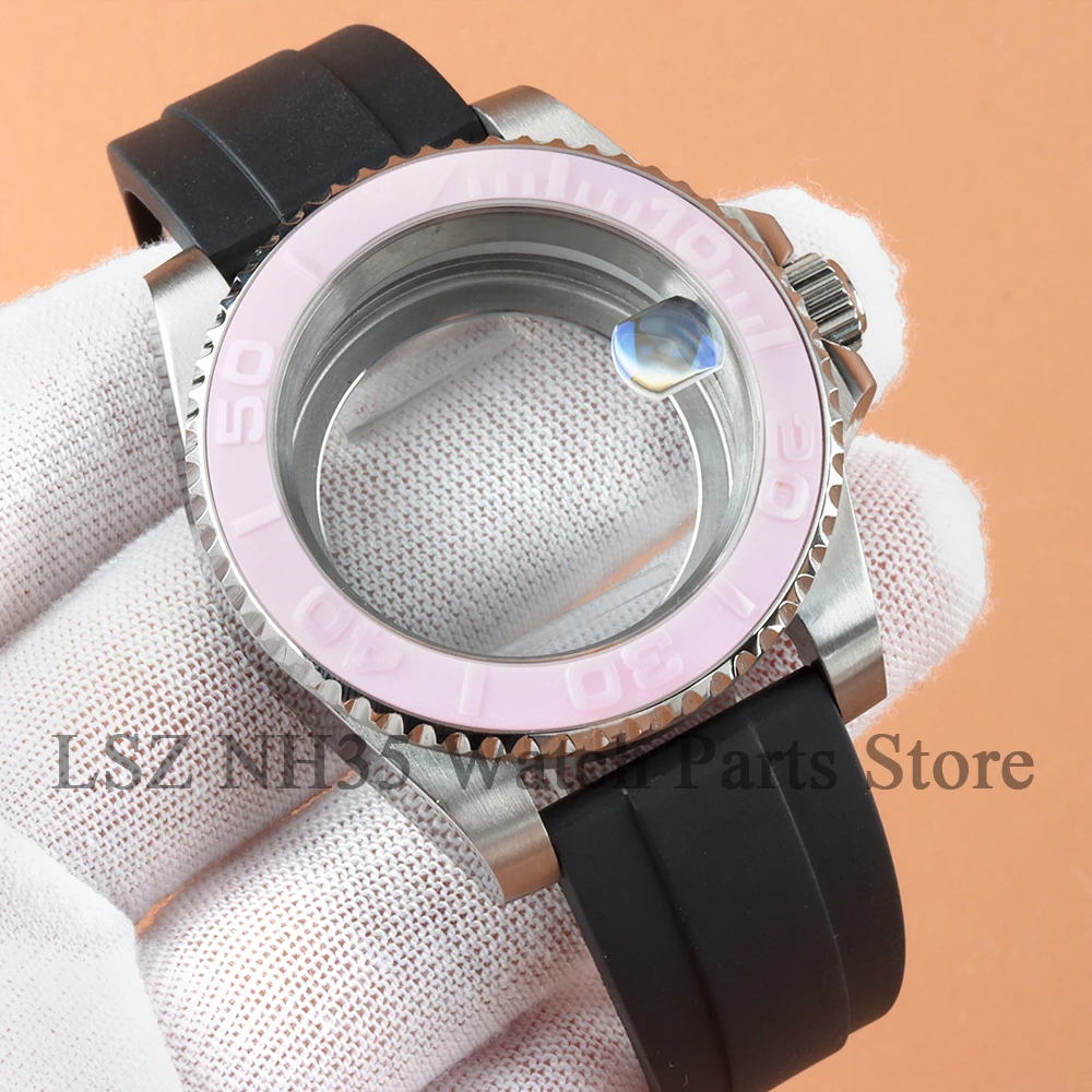 NH35 40mm Silver Watch Case  Uni-directional Bezel Rubber Strap For Yacht-master Seiko NH34 NH35 NH36 NH38 Movement 28.5mm dial