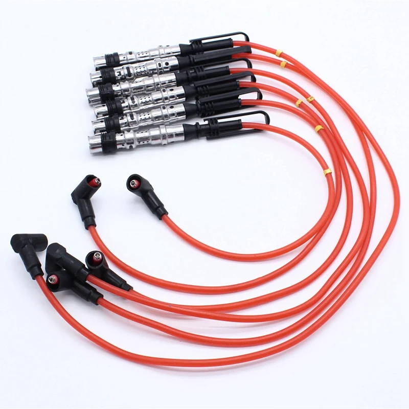 6Pcs Ignition Coil Spark Plugs Wires Cable Red For Golf III Corrado VR6 2.8 2.9 AAA ABV With Puller 021905409AD