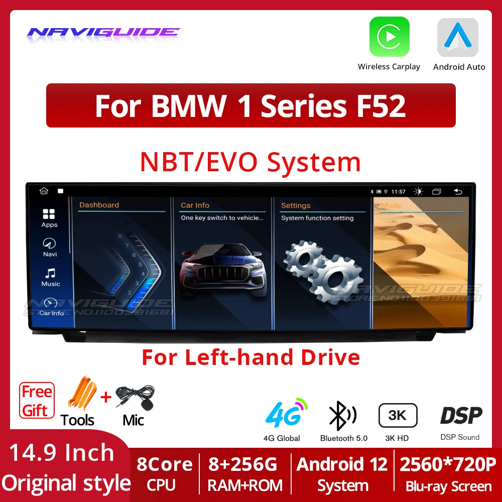 

NAVIGUIDE 14.9" Android12 Car Radio Multimedia GPS Player For BMW 1 Series F52 NBT EVO 8+256G Carplay Bluetooth 4G Wifi Headunit