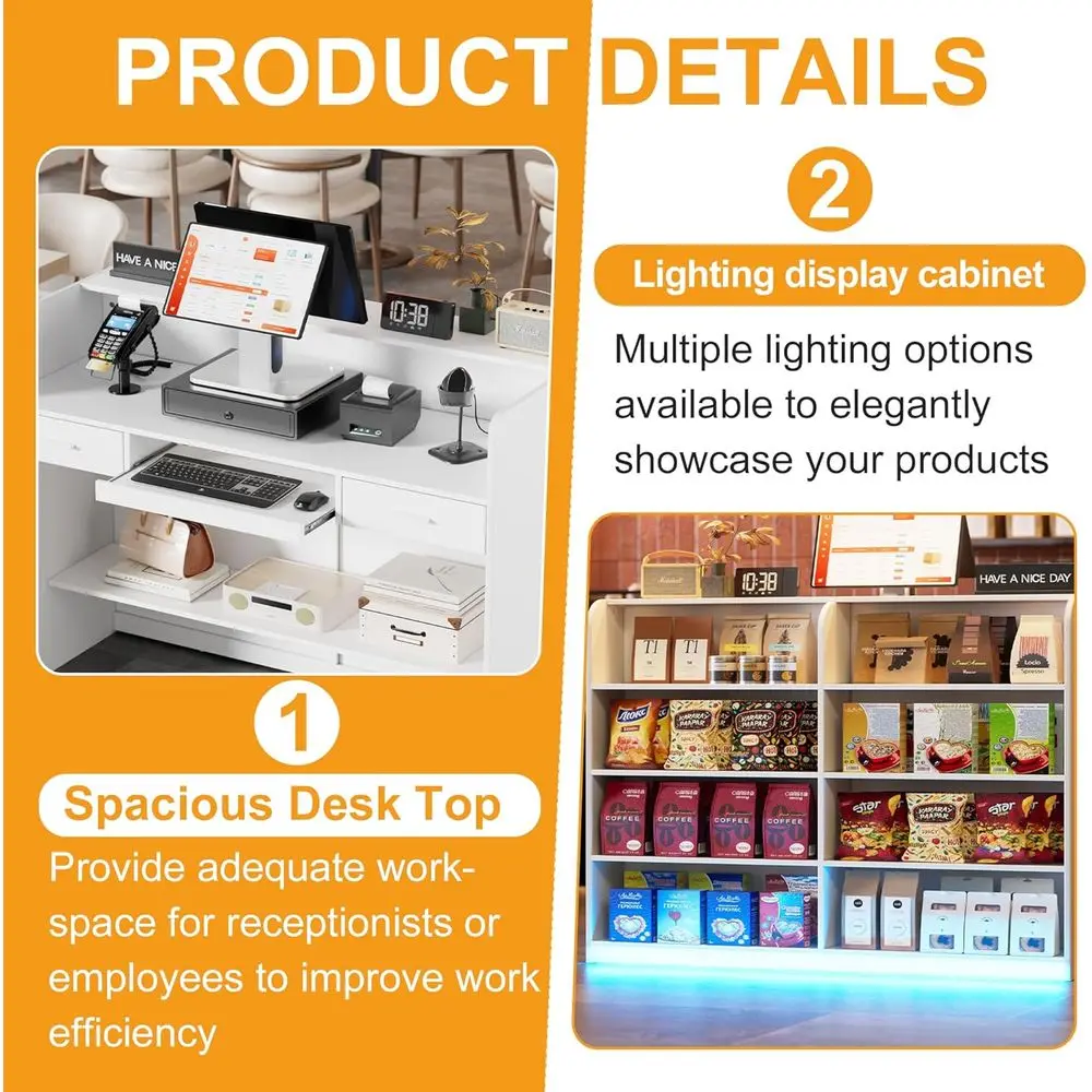 Reception Desk with Counter for Retail & Checkout,Modern Front Desk Reception Room Table with Outer Display Rack, 47.7 inch Reta