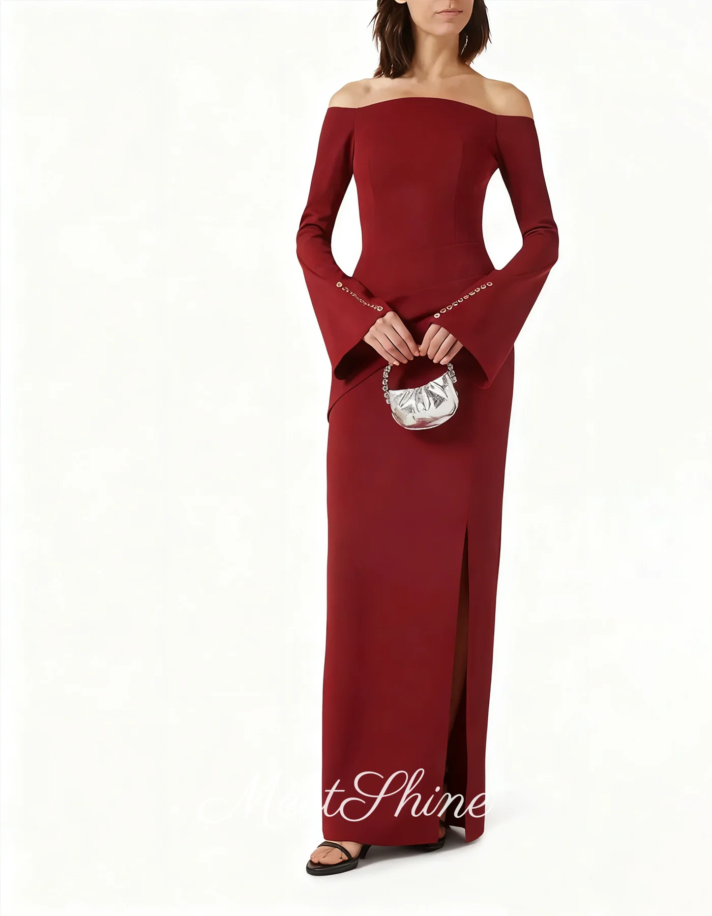 فستان دبي باللون العنابي بدون أكتاف من الساتان فساتين سهرة بأكمام طويلة وفتحة خلفية مستقيمة للحفلات الراقصة في المملكة العربية السعودية حسب الطلب