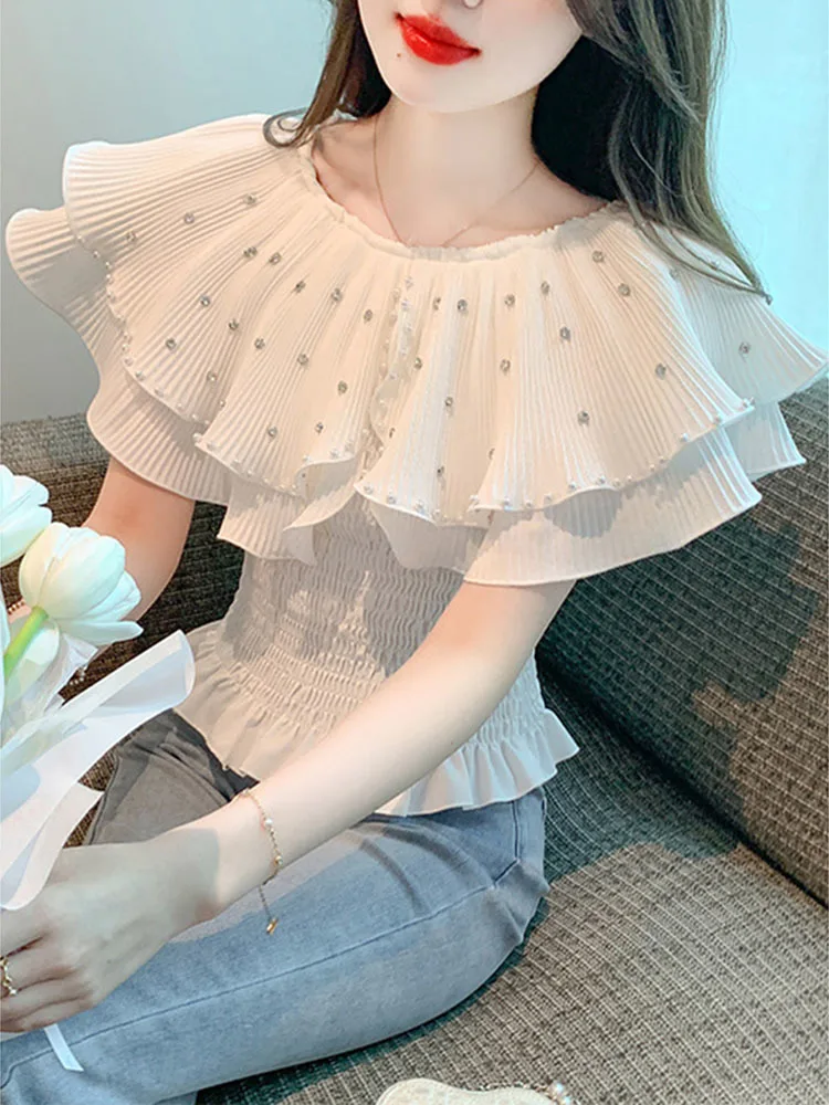 Summer Fashion Nail Bead Inlaid Diamond Sweet Lotus Leaf One-line Collar Slim Short Blouse Women\'s Tops