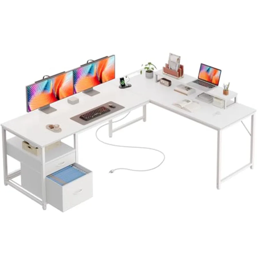 L Shaped Desk for Home Office Use, Engineered Wood in White, Built-in Power Outlets and USB-C Port, File Fabric Drawers and Mov