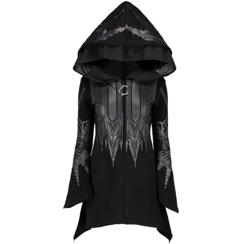 European American Style Punk Gothic Zip Up Hooded Sweatshirt for Women Autumn Winter Fashion Black Printed Hoodie Y2k Streetwear