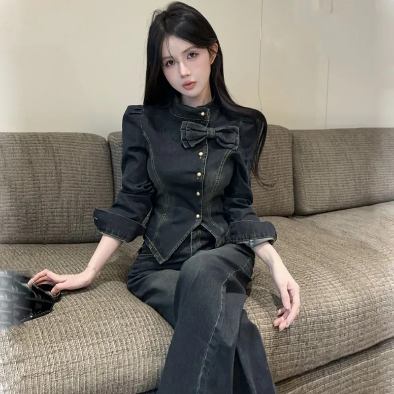 

Casual Denim Suit Women's Spring and Autumn Bow Long-sleeved Coat High-waisted Trousers Two-piece Set Fashion Female Clothes