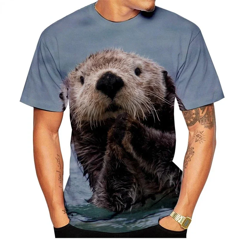 Men Funny Sea Otter 3D Print T Shirt Realistic Wild Animal Round Neck Short Sleeve Summer Loose Casual Streetwear Male Daily Top