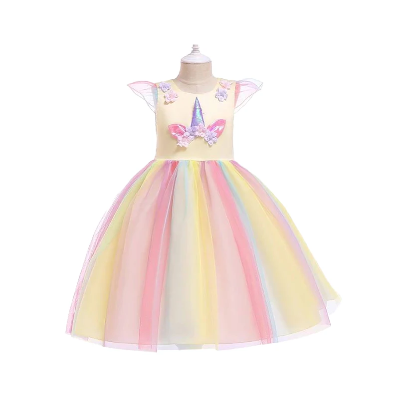 Party Gilrs Unicorn Tutu Dress Cosplay Costume For Girls Dress Up Rainbow Tulle Puff Sleeve Cham Halloween Dress 3-10 Years