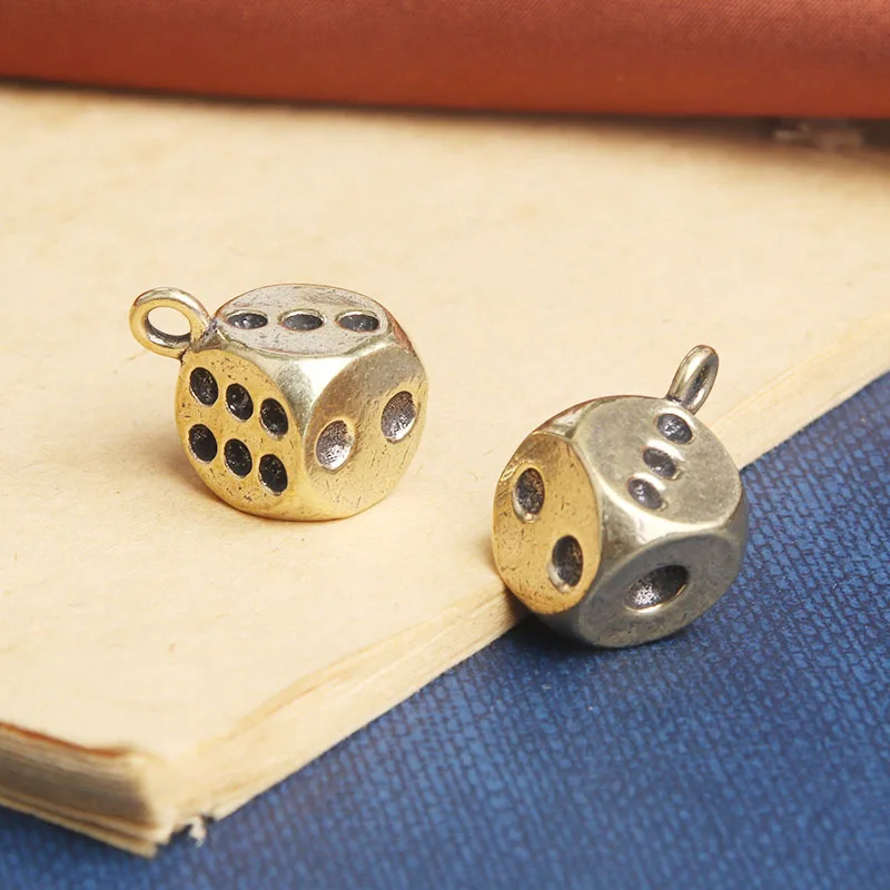 Antique Brass Creative Lucky Dice Figurine Desktop Decor Ornaments Tea Pet Toy Key Chains Pendant DIY Accessories Gift