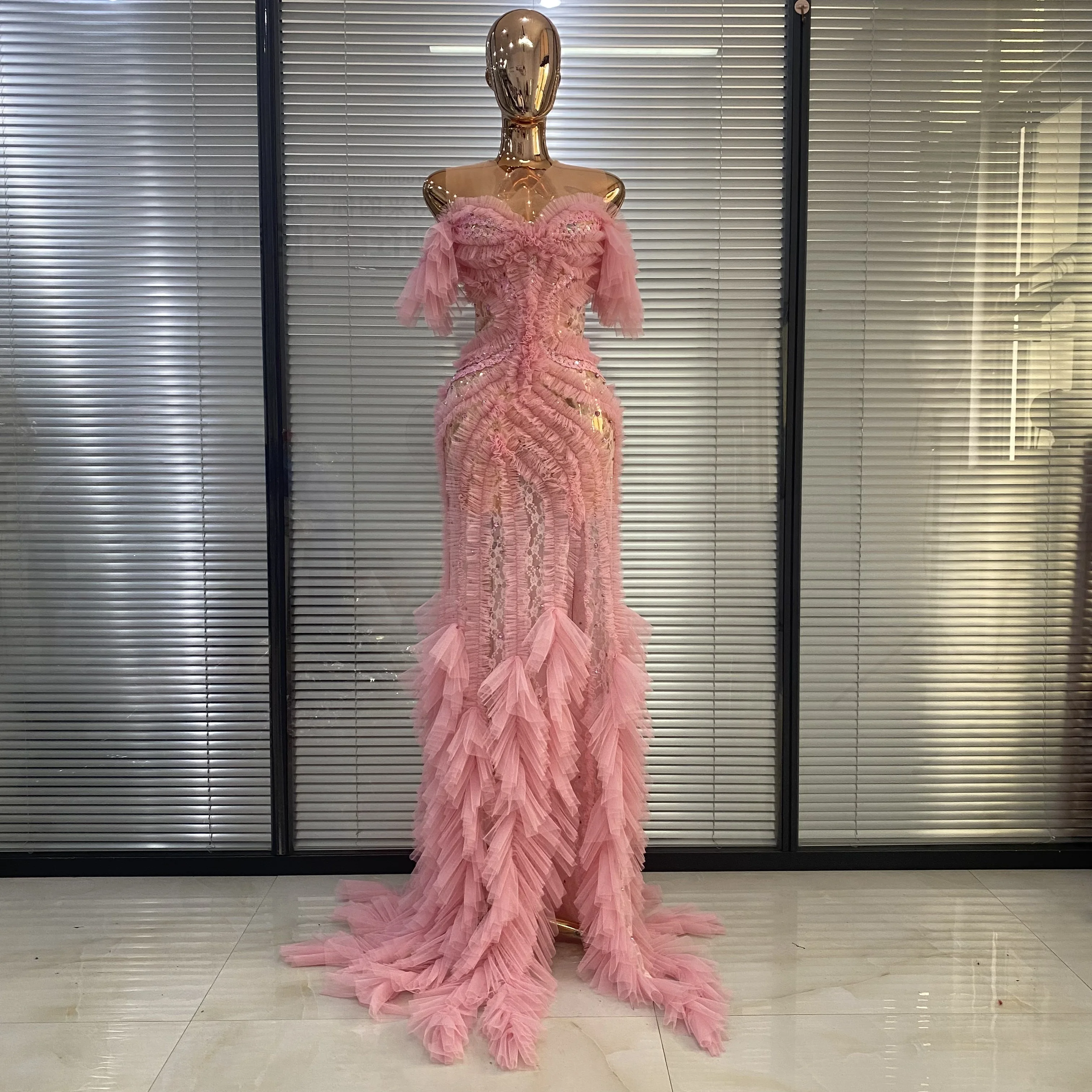 sheer birthday dress Luxury Fairy Photo Shoot Woman Pink Mesh Ruffles Rhinestones See Through Maxi Long Performance Costumes This elegant feather bodycon dress is perfect for formal events or parties Women's Fairy Cute Birthday Party