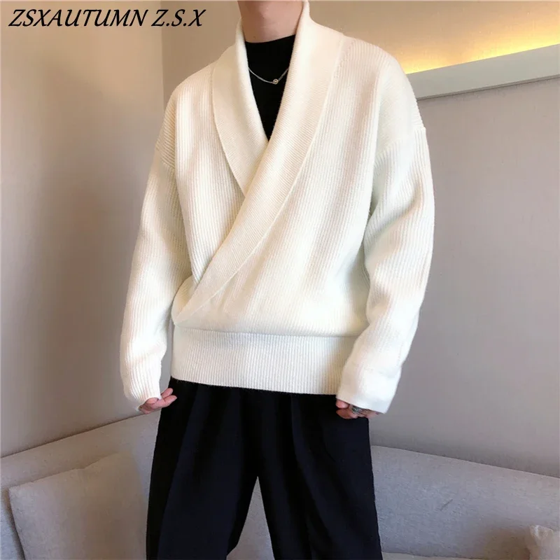 2023 Knitted Light Luxury Pullovers Sweater Men Casual Vintage V Neck Knit Tops Streetwear Loose Stylish Autumn Winter Fashion