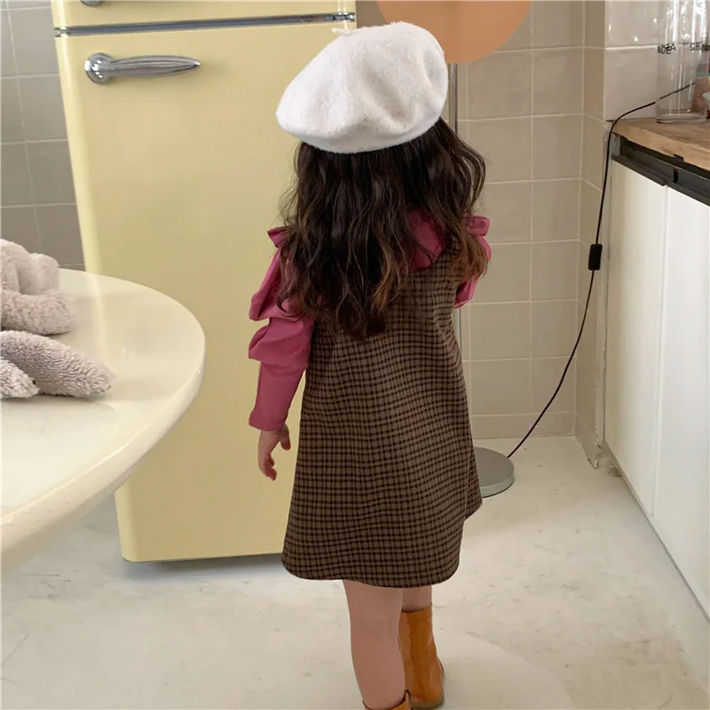 MILANCEL New Spring Kids Clothes Set Children Bubble Sleeve T-shirt+Check Strap Skirt Suit Girls Cute Tops