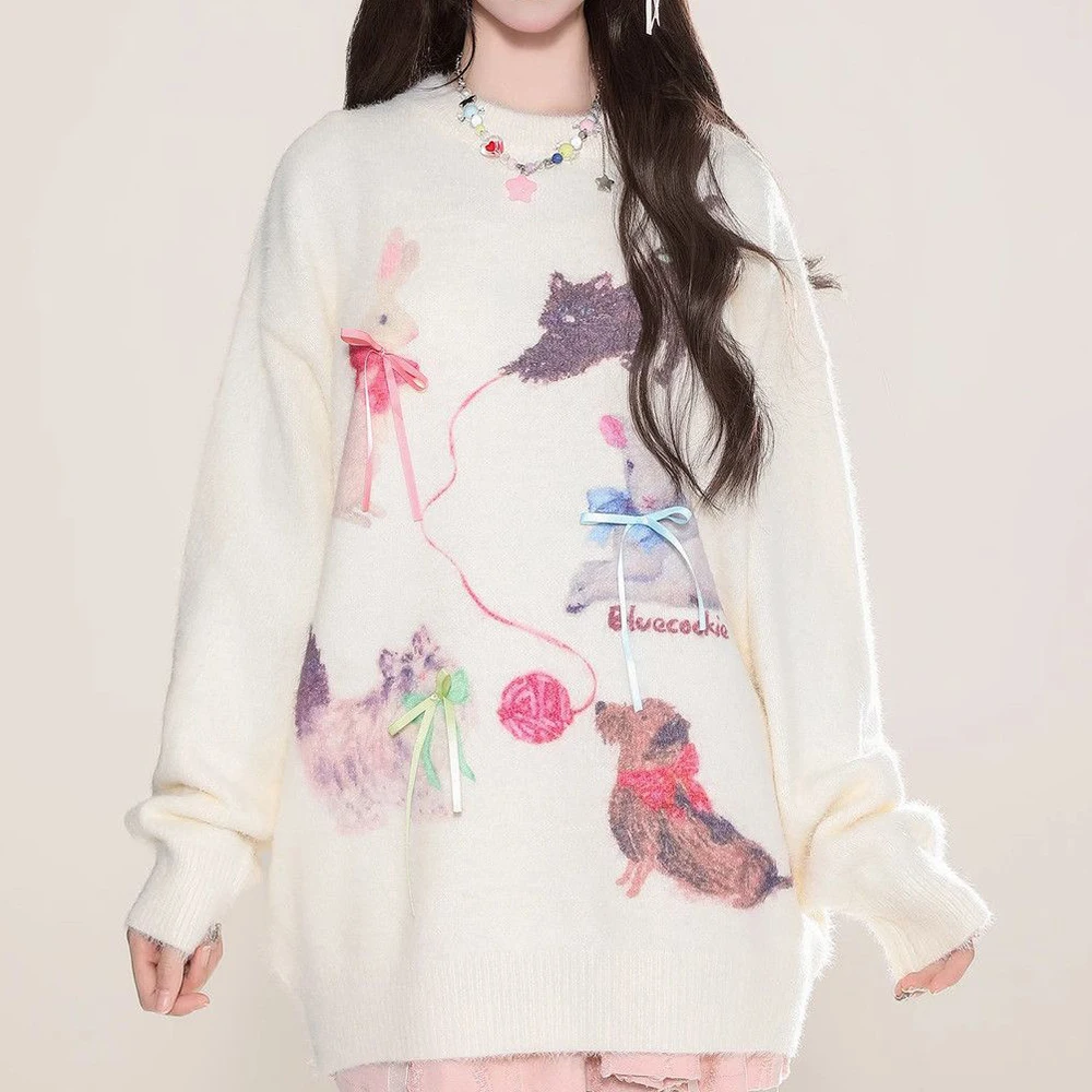 Bow mohair puppy cat knitted sweater women's autumn mink fleece soft waxy top women's  sueter mujer korean fashion