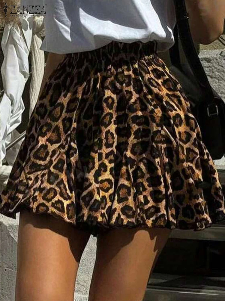 Plus Size VONDA Women Mini Skirt 2024 Fashion Summer Paity Sexy Leopard Printing Overskirts Elastic Waist A-line Short Bottoms