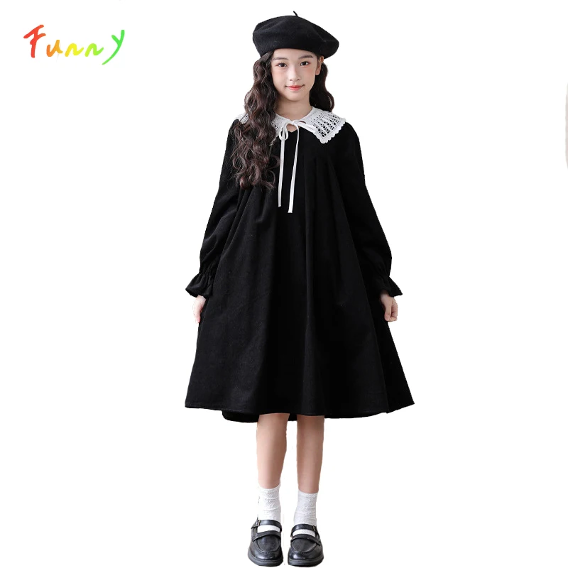 

Long Sleeve Girls Dress Fall Winter Black Corduroy Detachable Lace Collar Kids Knee Length Dresses for Casual Holiday Halloween